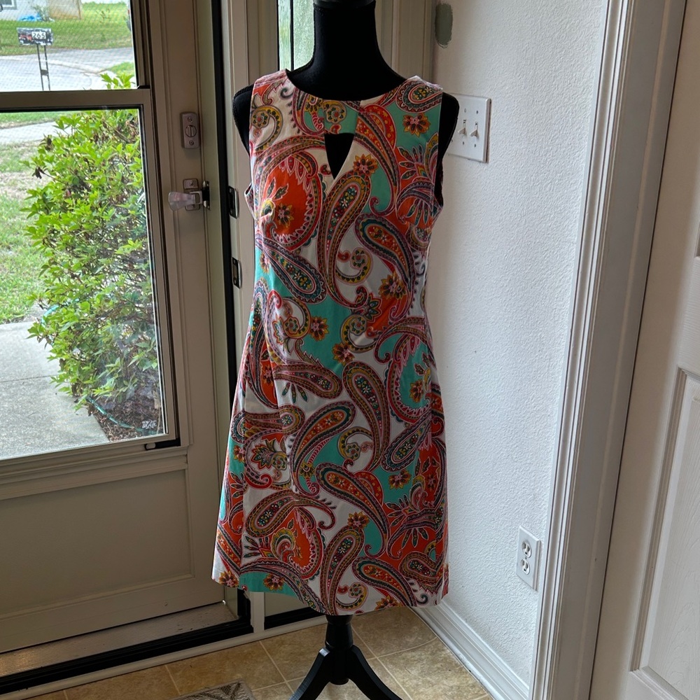 Anne Klein Paisley Sleeveless Shift Dress in Turquoise & Coral